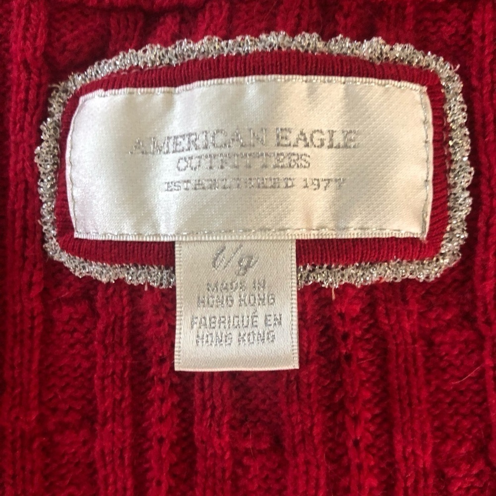 VTG American Eagle V Neck Angora Blend Sweater Red Sz.LG Cable-Knit Academia - Picture 3 of 4